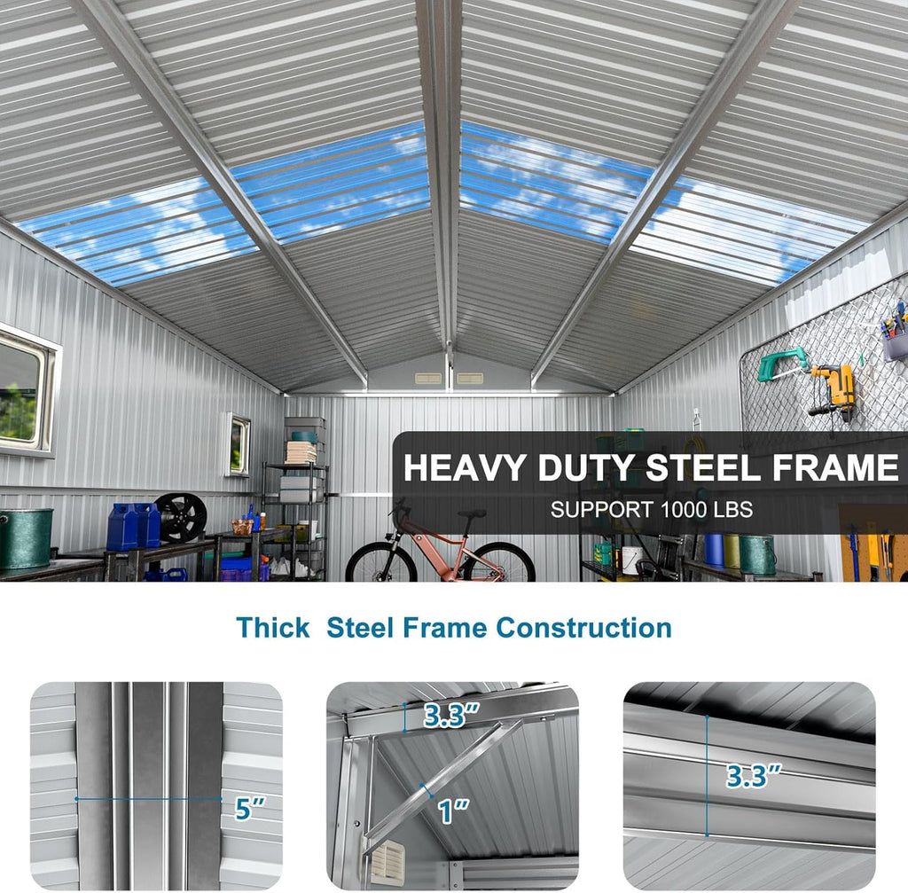 10x12 FT Metal Outdoor Storaged Shed with Floor Base Waterproof Heavy Duty Reinforced Frame with Unique Clear Roof Skyview Windows Air Vent for