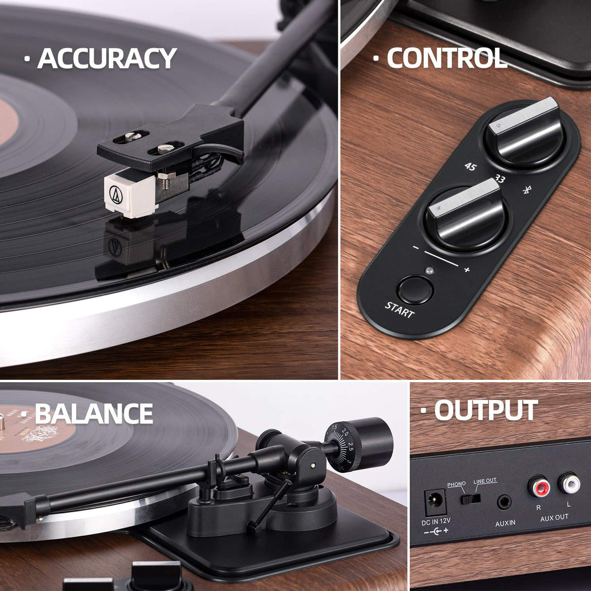 1 by ONE High Fidelity Belt Drive Turntable with Built-in Speakers, Vinyl Record Player with Magnetic Cartridge, Bluetooth Playback and Aux-in