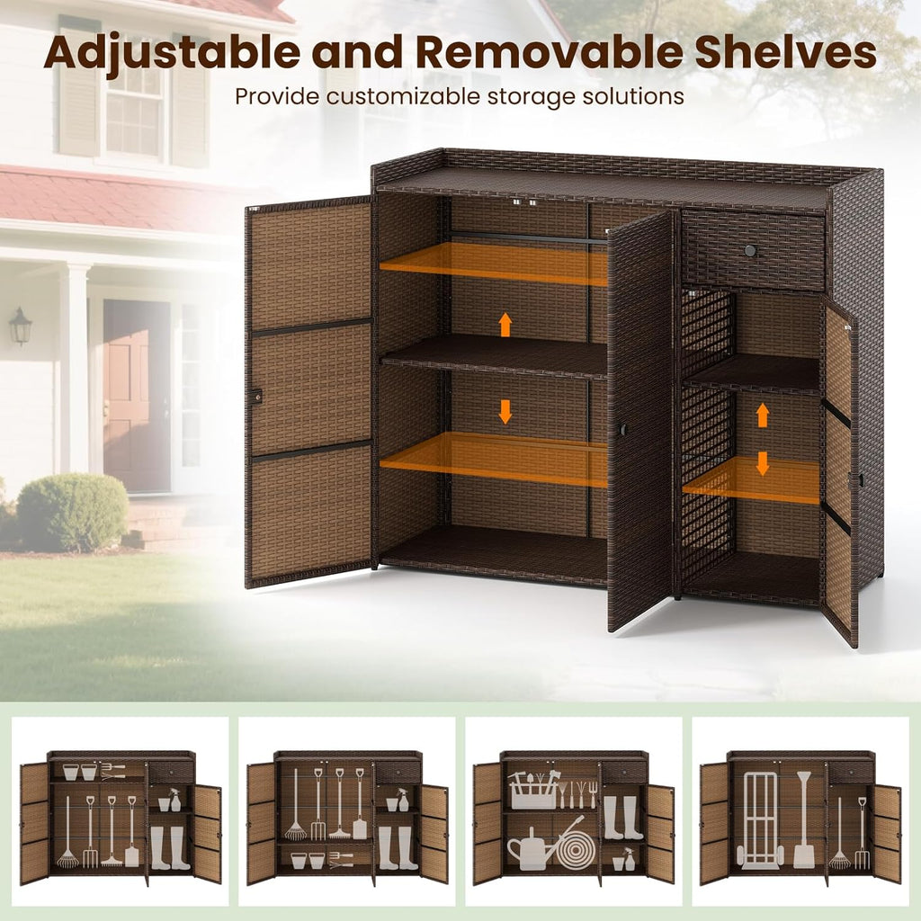 Tangkula Rattan Outdoor Storage Cabinet, Patiojoy Outdoor Cabinet with 4 Adjustable Shelves, 1 Drawer, 3 Doors, Patio Storage Deck Box Table for