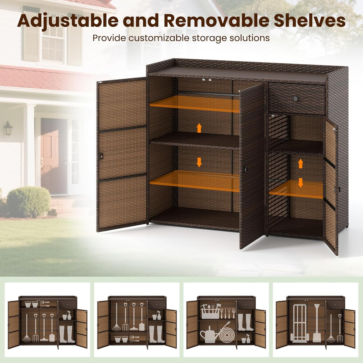 Tangkula Rattan Outdoor Storage Cabinet, Patiojoy Outdoor Cabinet with 4 Adjustable Shelves, 1 Drawer, 3 Doors, Patio Storage Deck Box Table for