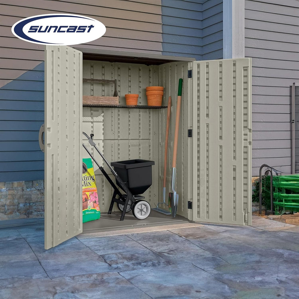 Suncast Outdoor Storage Cabinet Waterproof Resin Vertical Outdoor Storage Shed (54 cu. ft.) for Patio, Garden Tools, Cushions, & Equipment.