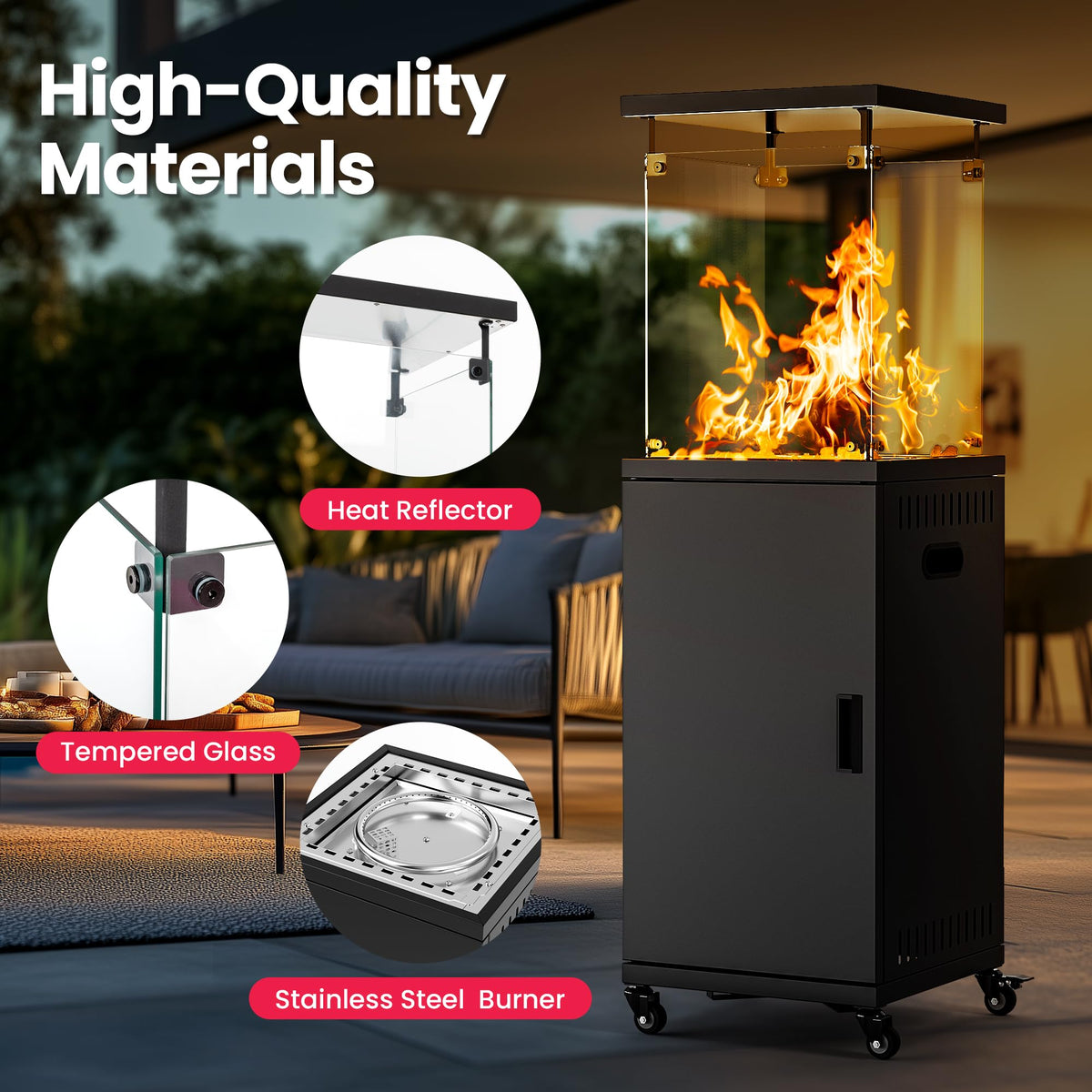 PAMAPIC Patio Heater, 42,000 BTU Quartz Glass Tube Brown Tower Propane Outdoor Heater with Cover