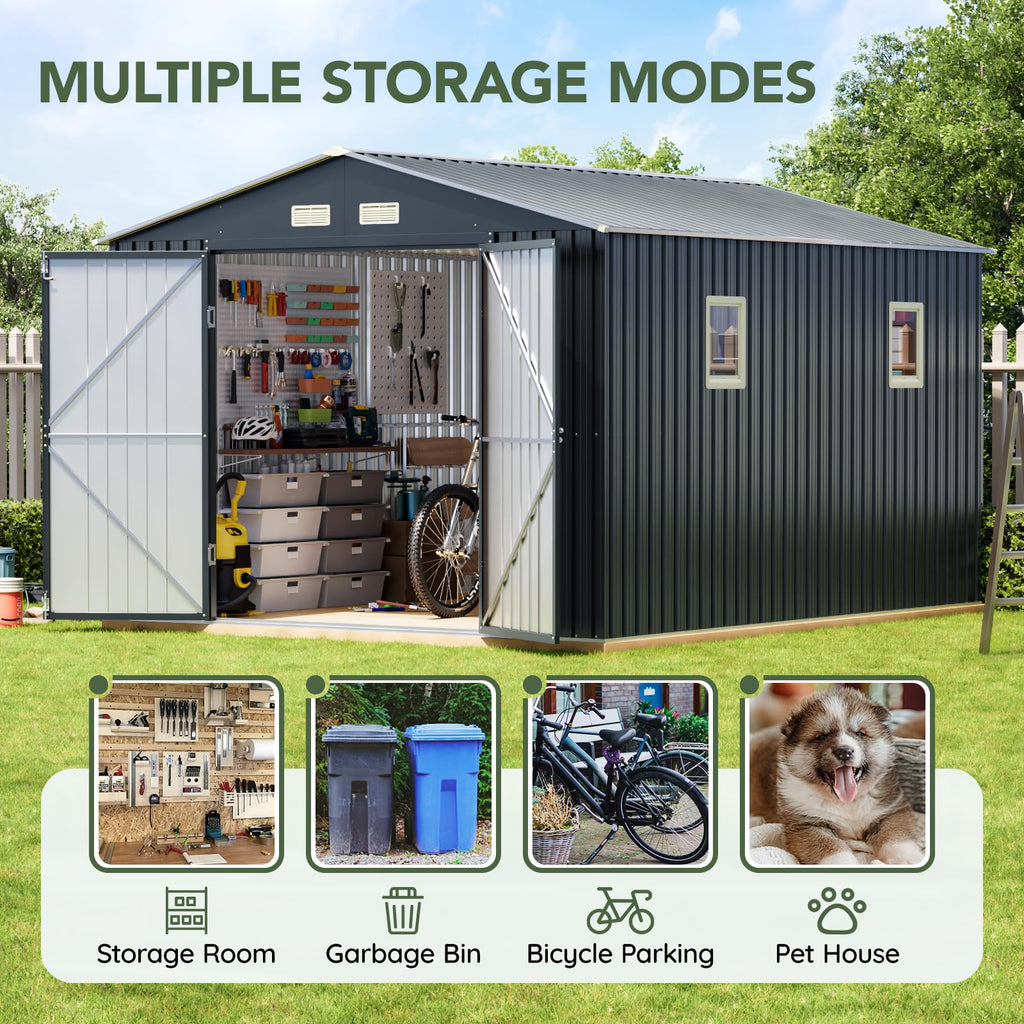 10x10 FT Outdoor Metal Storage Shed, Double Swing Doors, 2 Clear Windows,Tool Shed for Garden, Patio, Backyard Nightblue