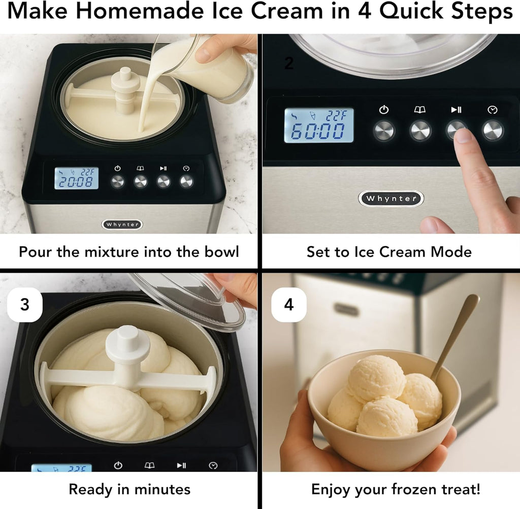 Whynter Ice Cream Maker Machine Automatic 2.1 Qt. Upright with Built-In Compressor, LCD Digital Display & Timer, No Pre-Freezing, ICM-201SB