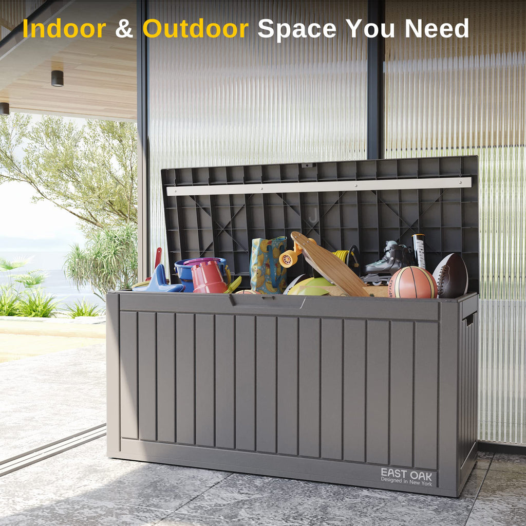 EAST OAK Outdoor Storage Box, 120 Gallon Deck Box with Stainless Steel Rods Large Resin Storage Bin for Patio Cushions, Garden Tools, Waterproof and