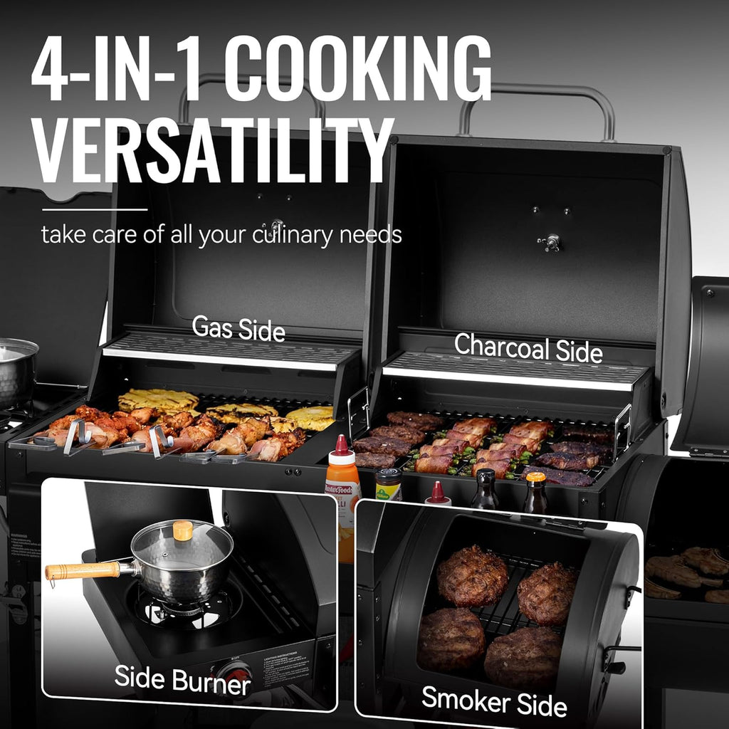 2-Burner Gas and Charcoal Combo Grill with Offset Smoker & Side Burner, 34,000 BTU Dual Fuel Grill, 1020 Sq. In. Cooking Area, Ideal for Outdoor