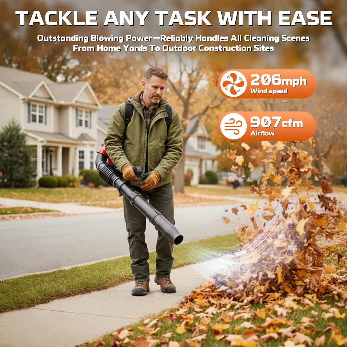 80cc Gas Backpack Leaf Blower, 900CFM 206MPH 2-Stroke Engine, Heavy-Duty Leaf & Snow Blower for Lawn, Garden & Commercial Use (853 EZ)