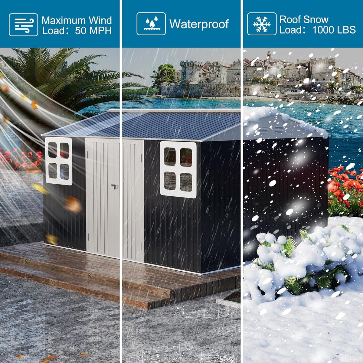 10x12 FT Metal Outdoor Storaged Shed with Floor Base Waterproof Heavy Duty Reinforced Frame with Unique Clear Roof Skyview Windows Air Vent for