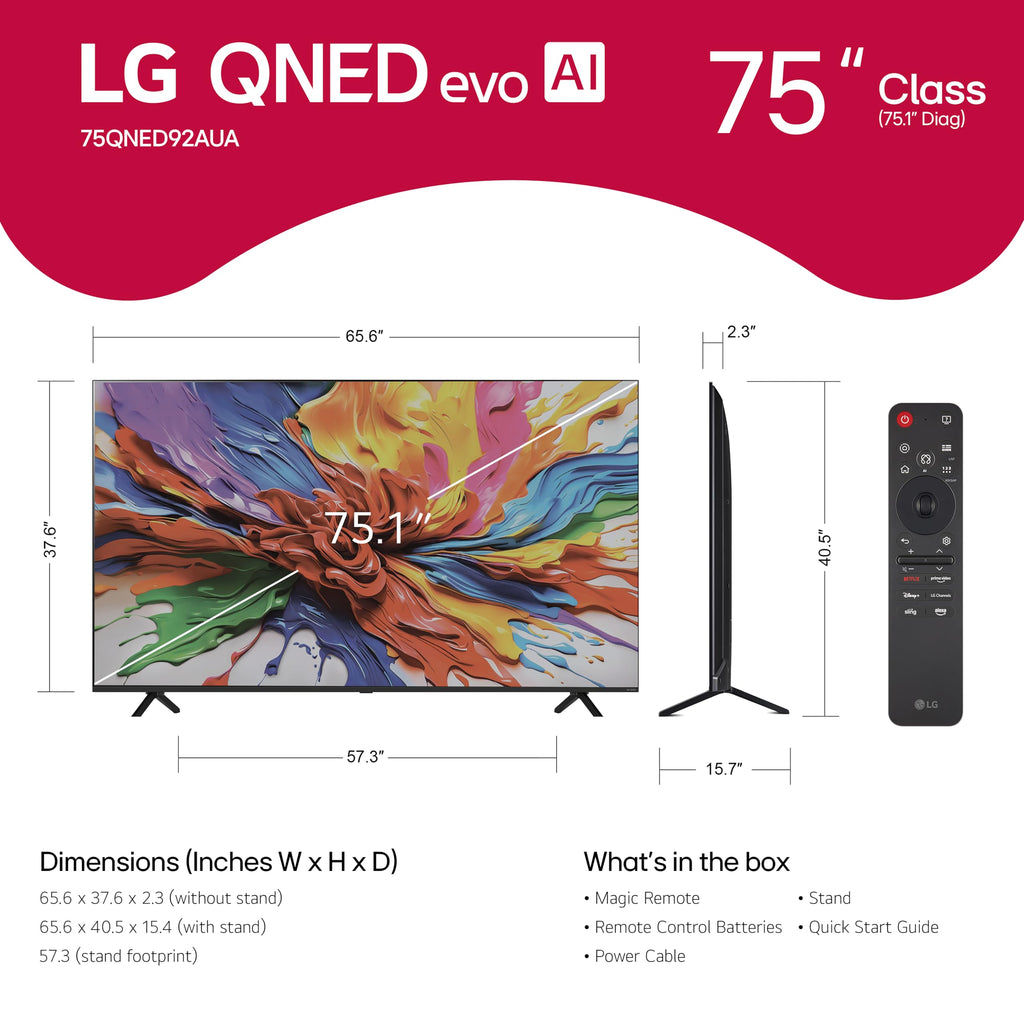 LG 75-Inch Class QNED evo AI QNED92A Series Mini LED 4K Smart TV w/Dolby Atmos, Dolby Vision, HDR10, AI Super Upscaling 4K, Filmmaker Mode, Wow