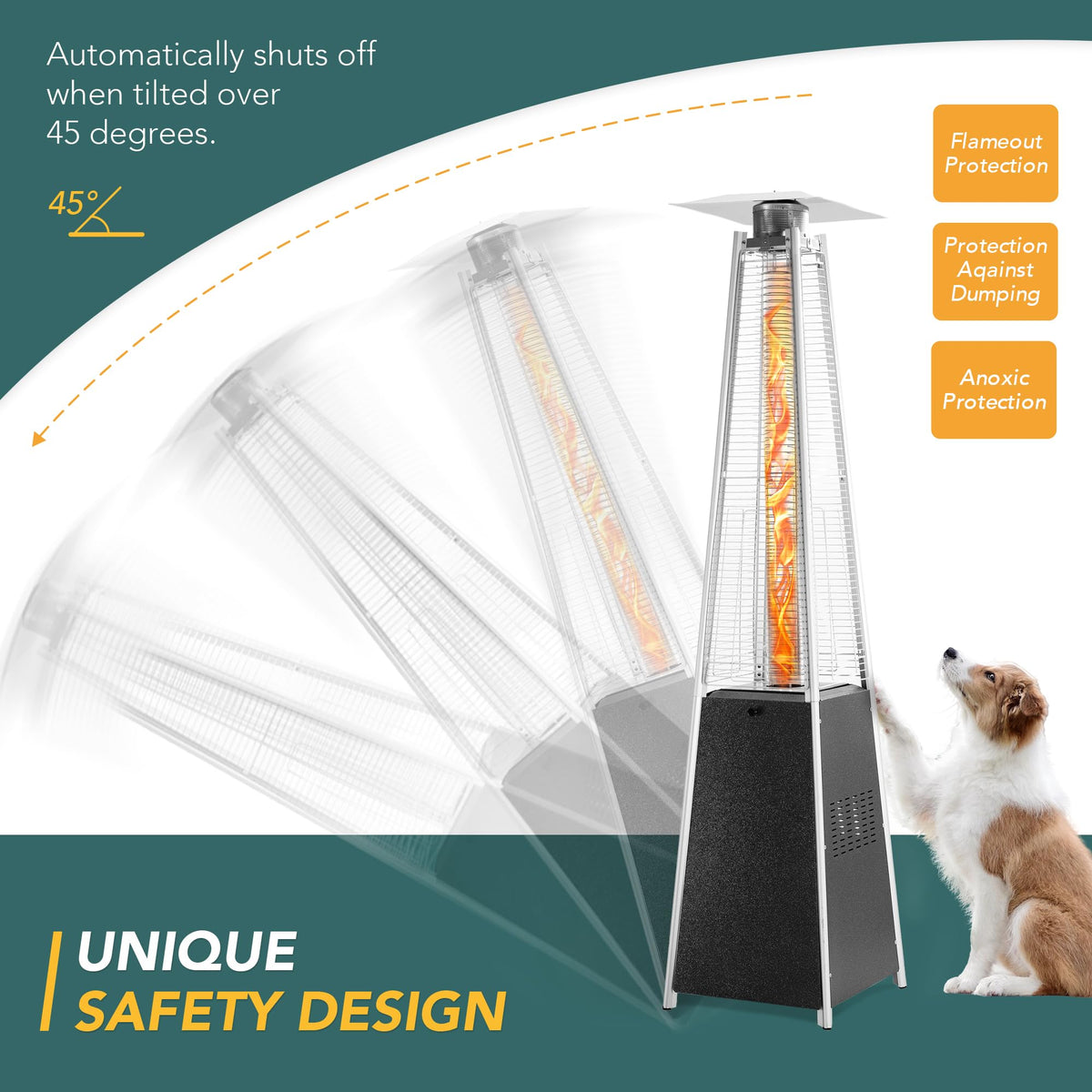 PAMAPIC Patio Heater, 42,000 BTU Quartz Glass Tube Brown Tower Propane Outdoor Heater with Cover