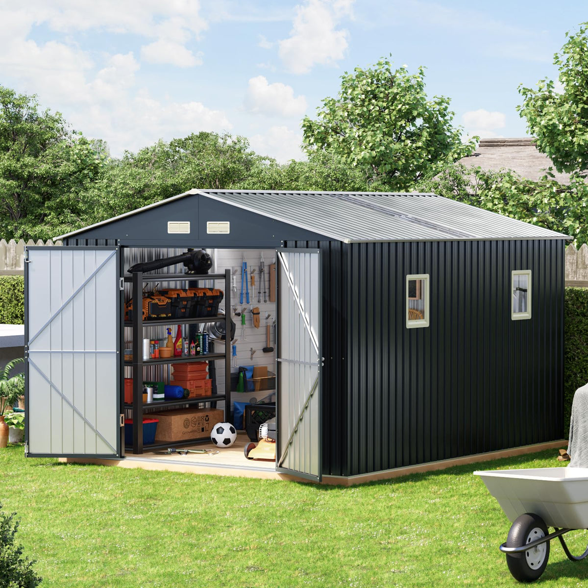 10x10 FT Outdoor Metal Storage Shed, Double Swing Doors, 2 Clear Windows,Tool Shed for Garden, Patio, Backyard Nightblue