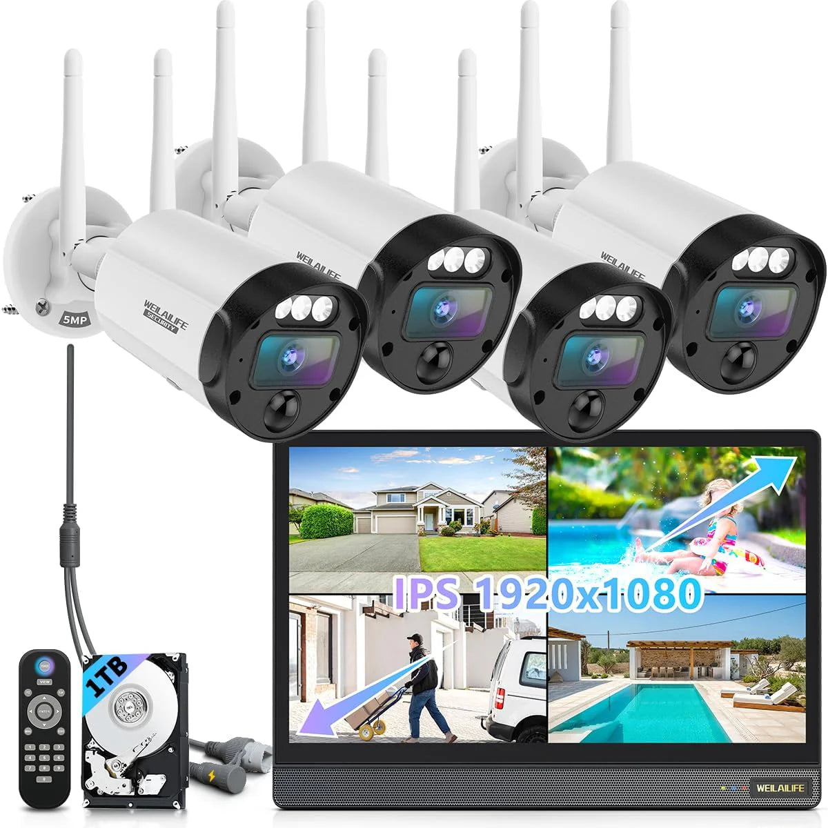 90 voet nachtbewaking en 2-weg audio: draadloos beveiligingscamerasysteem voor buiten, draadloze camera's voor thuisbeveiliging, WLAN-videobewaking, beveiligingscamera's(16" Alles in één 【30 dagen opslag】)