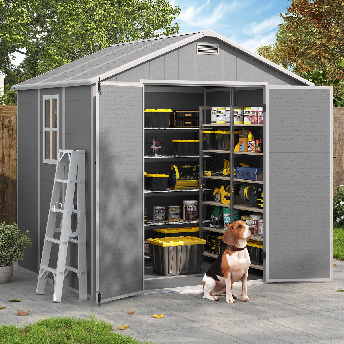 Amopatio 10x8 FT Storage Shed, Resin Shed with Floor Included, Plastic Sheds Outdoor Storage for Bike, Garden Tools, Sheds & Outdoor Storage with