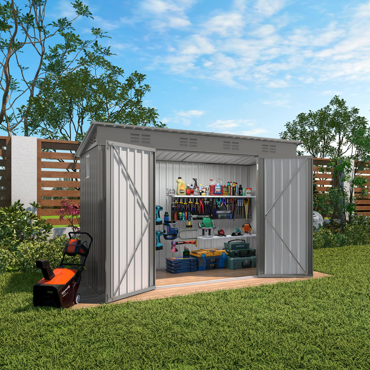 4 * 9.2 FT Outdoor Storage Shed, Galvanized Steel Garden Shed with Lockable Door & Window, Waterproof Metal Tool Storage for Garden, Backyard, Patio