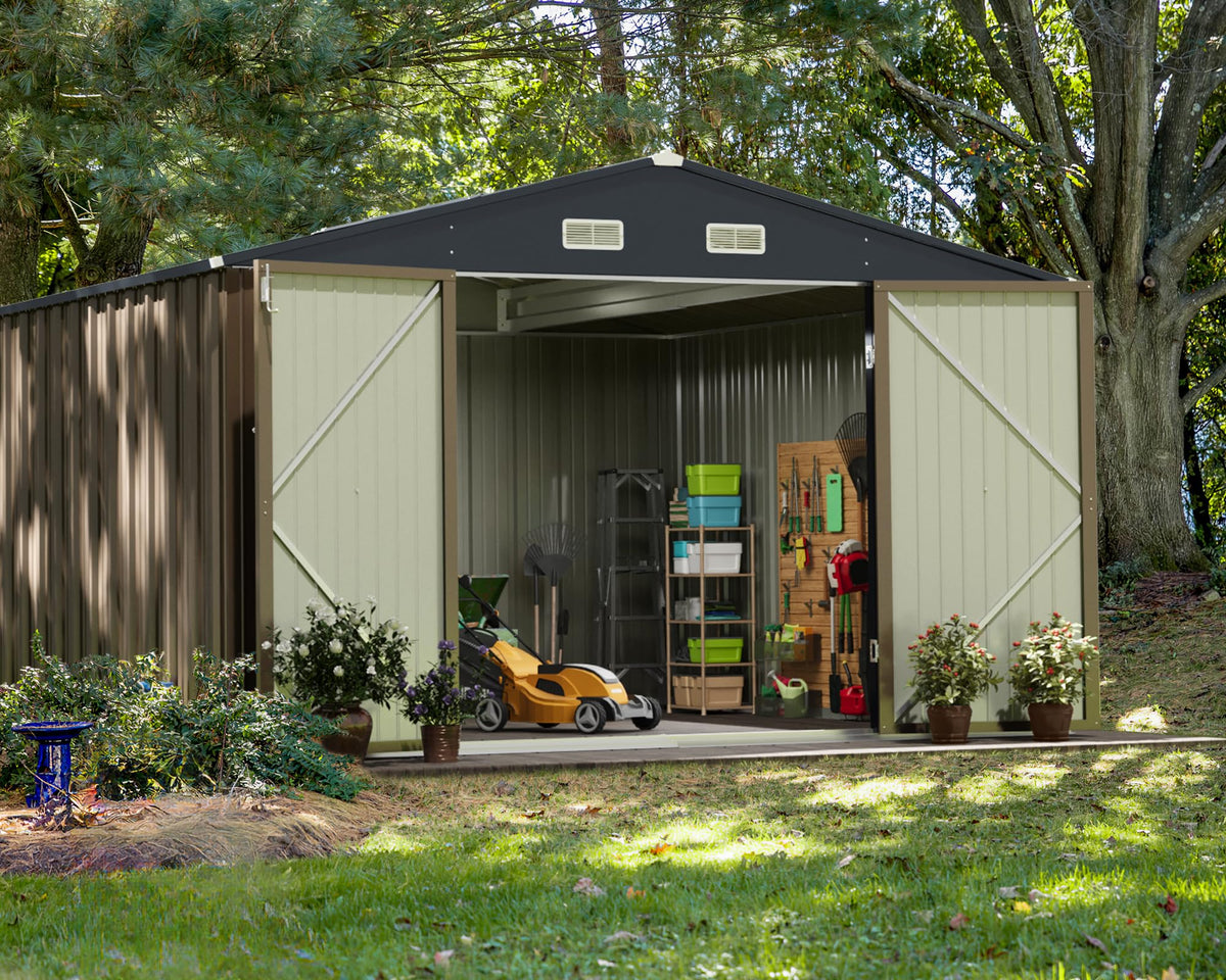 Greesum Outdoor Storage Shed 6 x 8 ft. Utility Tool Shed Metal Storage Garden Shed with Door & Lock for Patio Storage, Brown