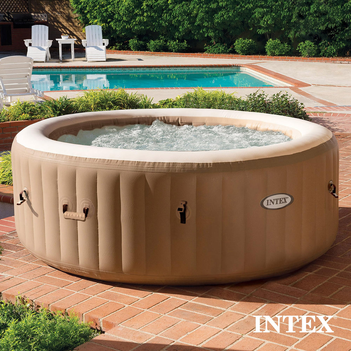 INTEX 28425EH PureSpa Bubble Massage Spa Set Outdoor Inflatable Portable Hot Tub, Includes Energy Efficient Spa Cover, Saltwater System Ready, 4