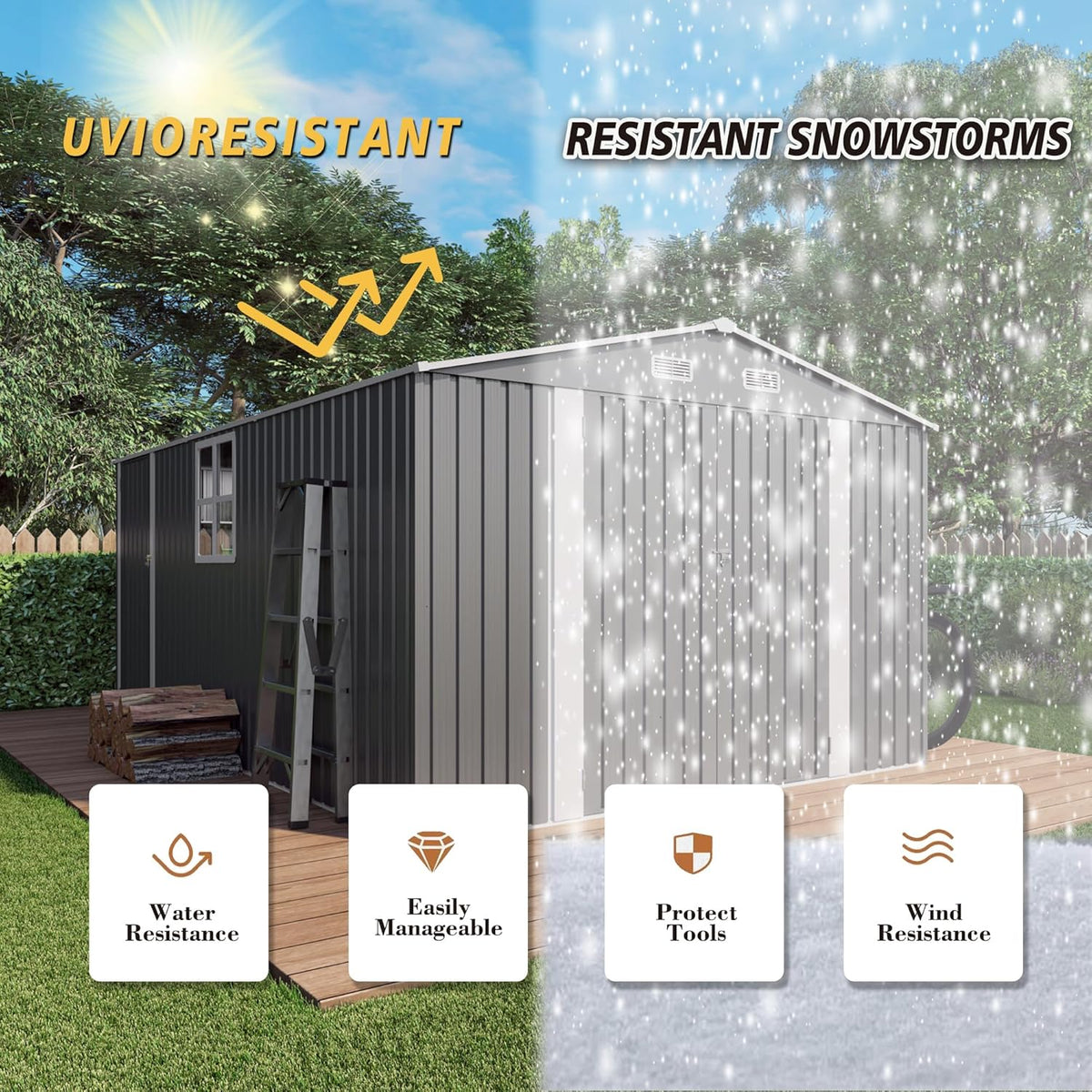 10x14x6.7FT Outdoor Storage Shed, Galvanized Steel Garden Shed with Lockable Door & Window, Waterproof Metal Tool Storage for Garden, Backyard, Patio