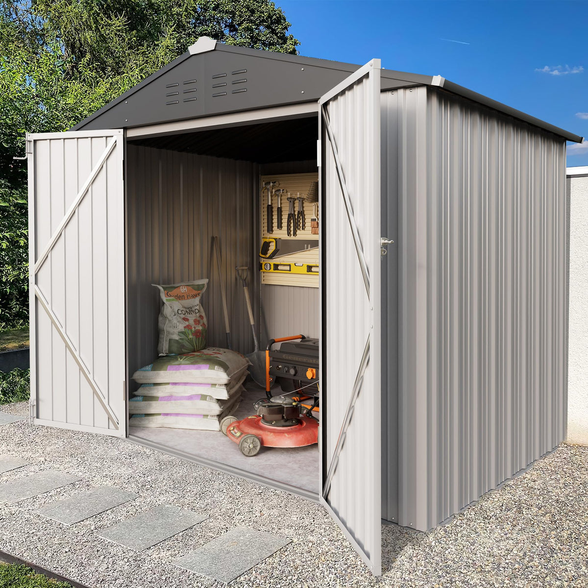 Greesum Outdoor Storage Shed 6 x 8 ft. Utility Tool Shed Metal Storage Garden Shed with Door & Lock for Patio Storage, Brown