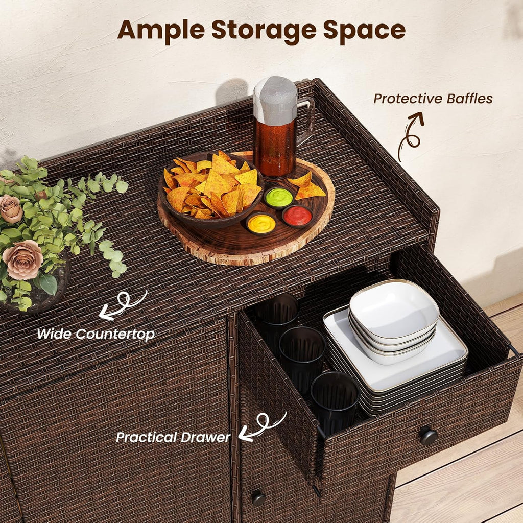 Tangkula Rattan Outdoor Storage Cabinet, Patiojoy Outdoor Cabinet with 4 Adjustable Shelves, 1 Drawer, 3 Doors, Patio Storage Deck Box Table for