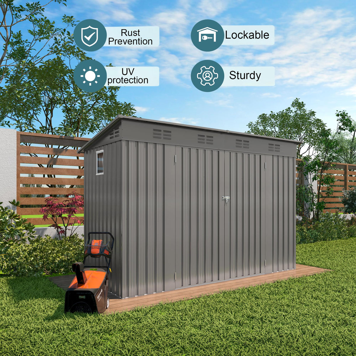 4 * 9.2 FT Outdoor Storage Shed, Galvanized Steel Garden Shed with Lockable Door & Window, Waterproof Metal Tool Storage for Garden, Backyard, Patio
