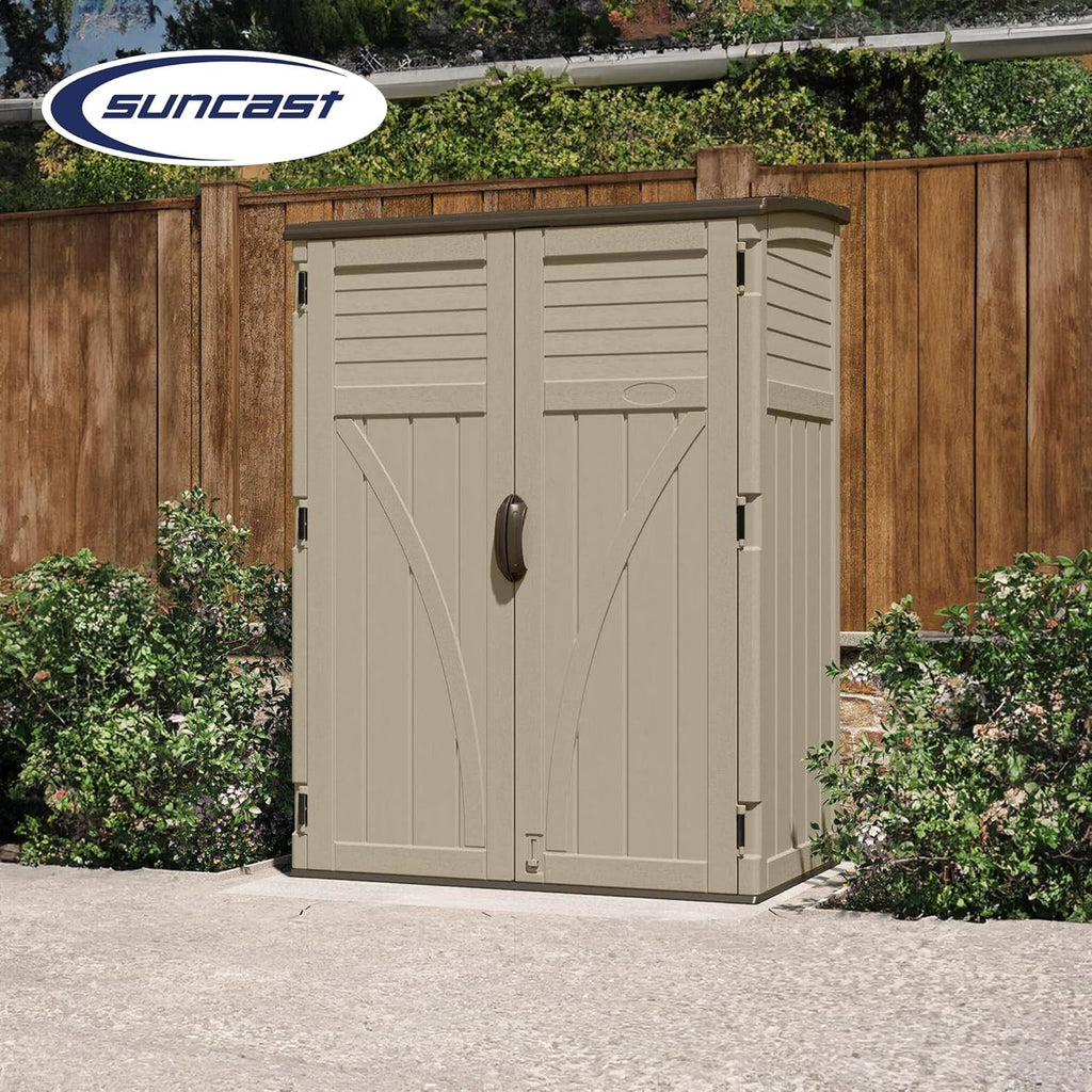 Suncast Outdoor Storage Cabinet Waterproof Resin Vertical Outdoor Storage Shed (54 cu. ft.) for Patio, Garden Tools, Cushions, & Equipment.