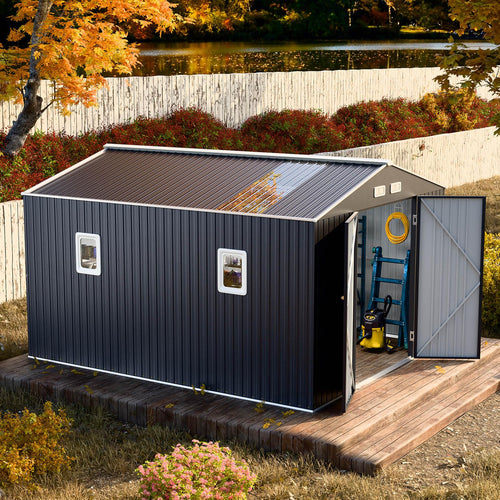 10x12 FT Metal Outdoor Storaged Shed with Floor Base Waterproof Heavy Duty Reinforced Frame with Unique Clear Roof Skyview Windows Air Vent for