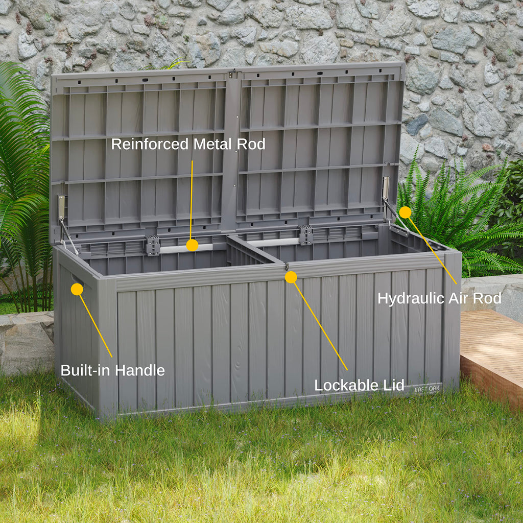 EAST OAK Outdoor Storage Box, 120 Gallon Deck Box with Stainless Steel Rods Large Resin Storage Bin for Patio Cushions, Garden Tools, Waterproof and