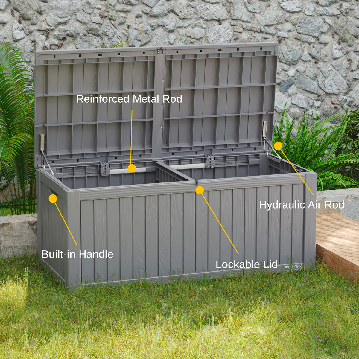 EAST OAK Outdoor Storage Box, 120 Gallon Deck Box with Stainless Steel Rods Large Resin Storage Bin for Patio Cushions, Garden Tools, Waterproof and