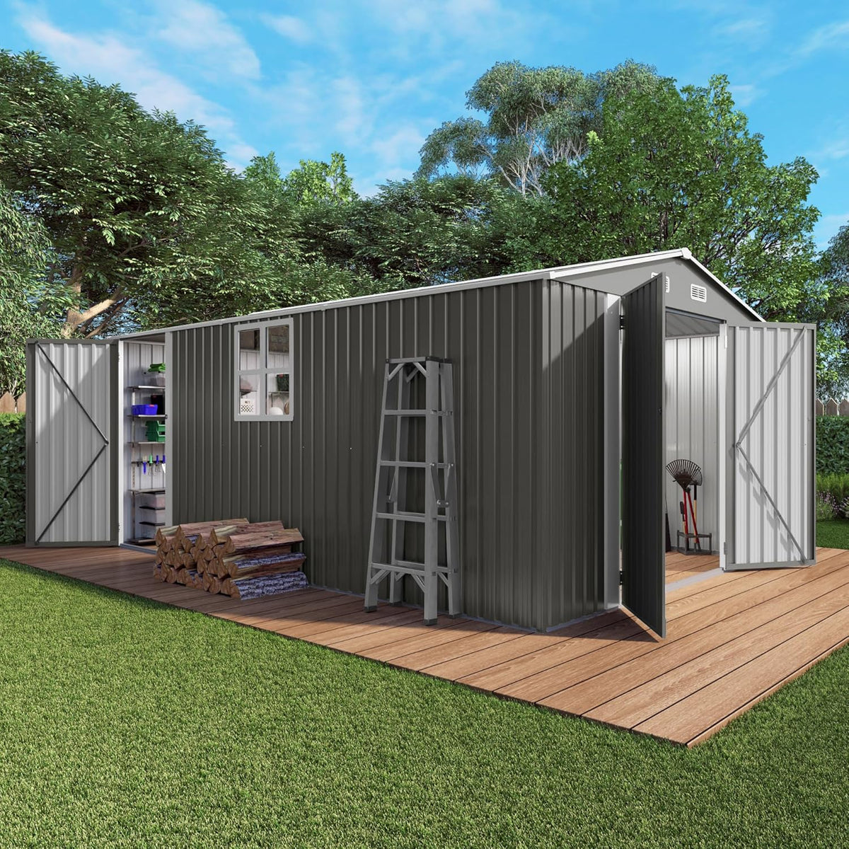 10x14x6.7FT Outdoor Storage Shed, Galvanized Steel Garden Shed with Lockable Door & Window, Waterproof Metal Tool Storage for Garden, Backyard, Patio