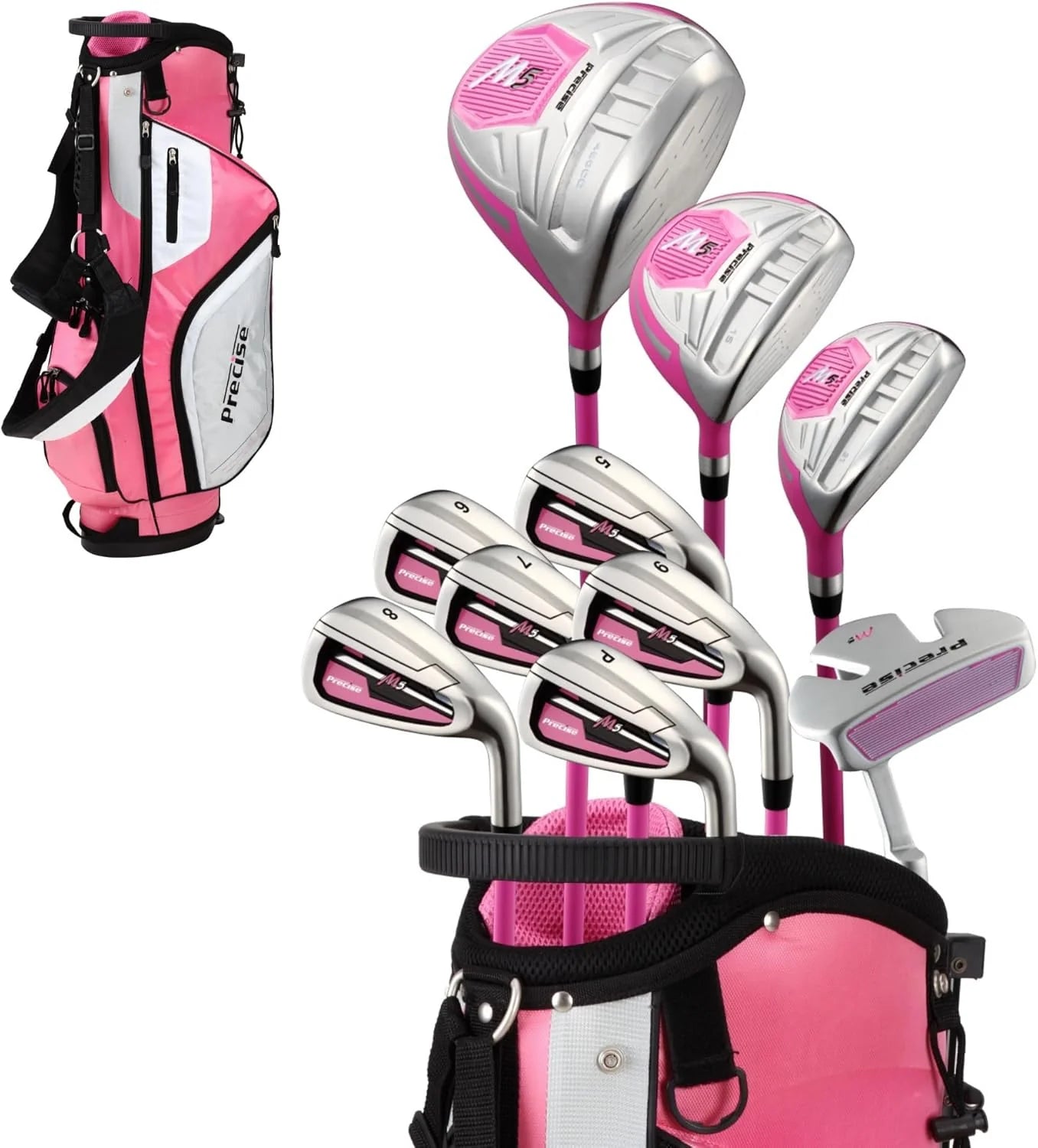 Precise Golf Co. Precise M5 dames/vrouwen golfclubset, compleet, voor rechtshandigen inclusief titanium driver, S.S. Fairway, S.S. Hybrid, S.S. 5-Pw-ijzer, 3 H/C'S Pink (roze, rechtshandig)(Right Hand Petite Size -1"/Roze)