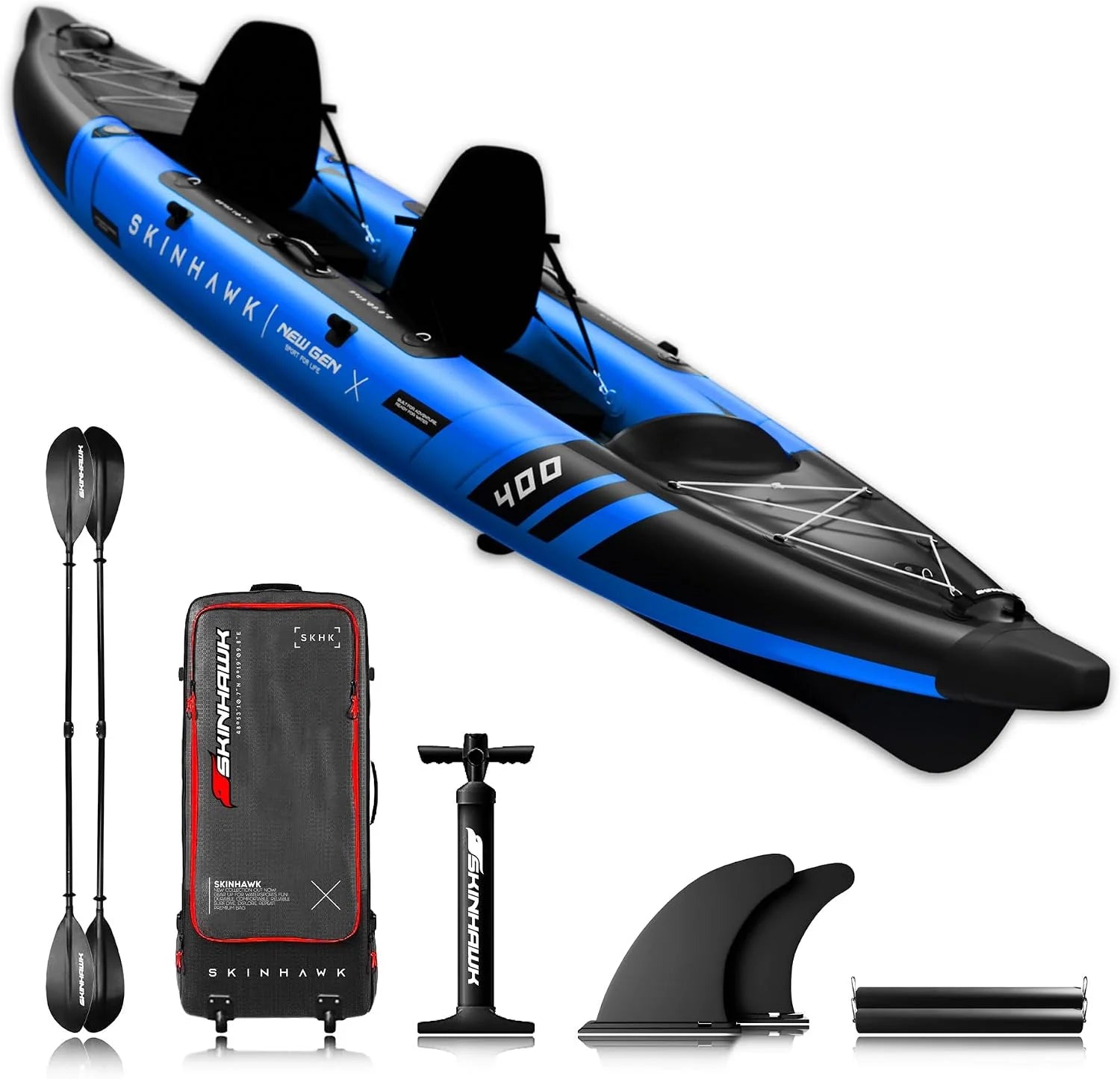 SKINHAWK Prestige Blauwe kajak set 400 – rubberboot – kano – 400 x 96 cm – kajak voor 2 personen(Set met glasvezel peddel)