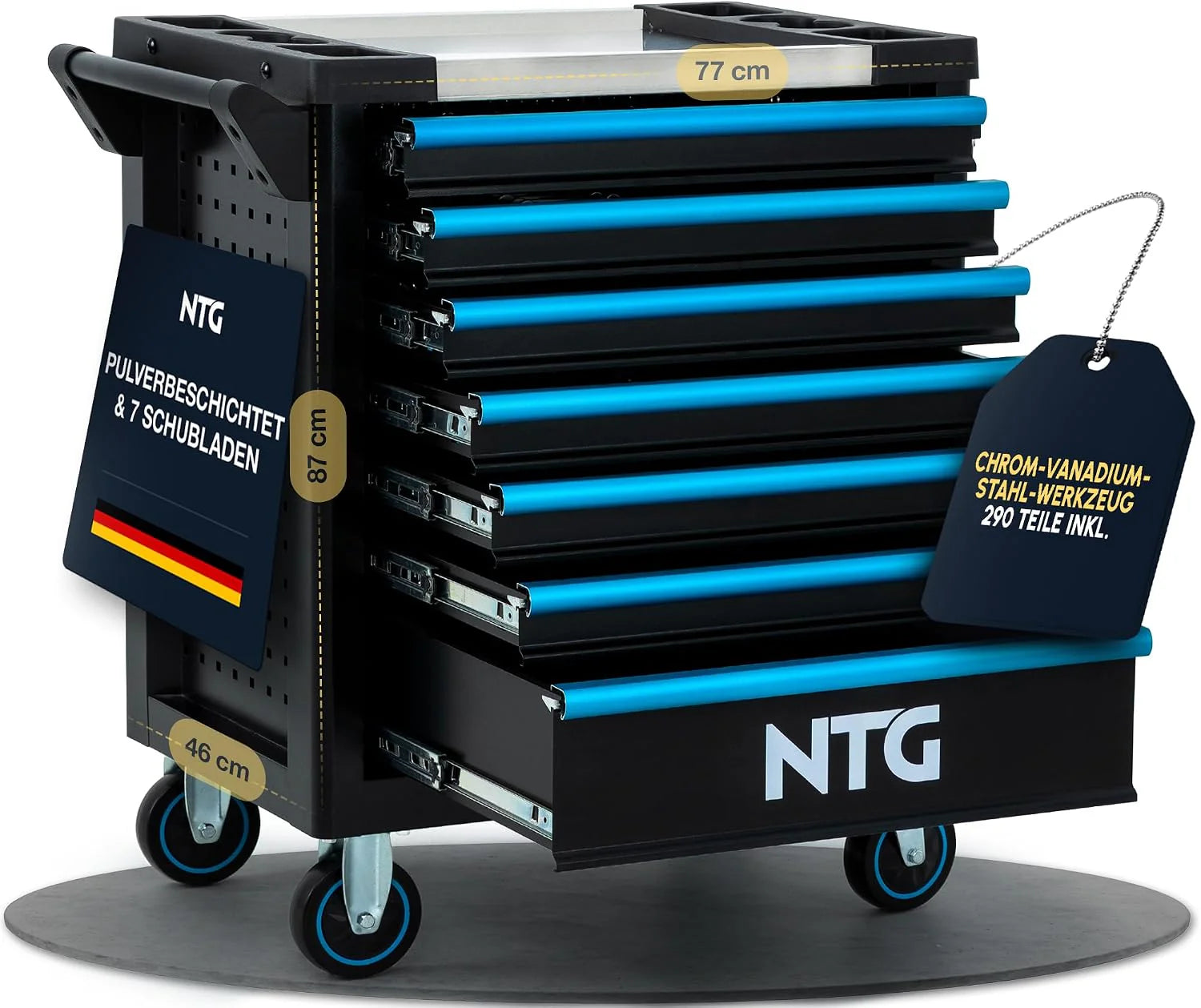 NTG Gereedschapswagen 7 laden incl. 290-delig gereedschap - werkplaatswagen met centrale vergrendeling, afsluitbaar, mobiel met wielen - professionele gereedschapskoffer op wielen voor werkplaats en