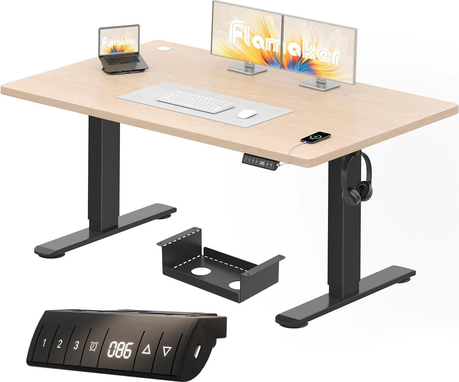 Flamaker in Hoogte Verstelbaar Bureau 200 x 80 cm, Elektrisch Hoogte Verstelbaar Bureau met Geheugenfunctie, Computerbureau met Kabelbeheer, Sta-werkplek, Bureau, WitZwart(BeigeZwar/140x70cm)