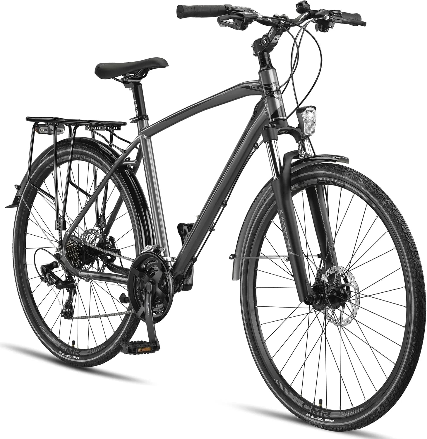 Licorne Bike Toerfiets, trekkingfiets, 28 inch, aluminium schijfremmen, voor jongens, meisjes, dames en heren, 21 versnellingen, mountainbike, crossbike(titanium/heren)