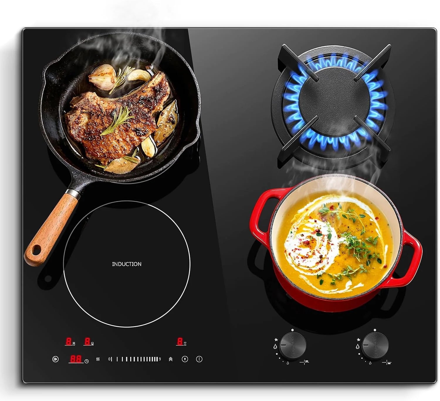 Snodas Gas- en inductiekookplaat, 60 cm, met boost-functie, gietijzeren pothouder, 6,9 kW sterke brander, 9-traps touch-control, timer 99 minuten, kinderbeveiliging, zwart