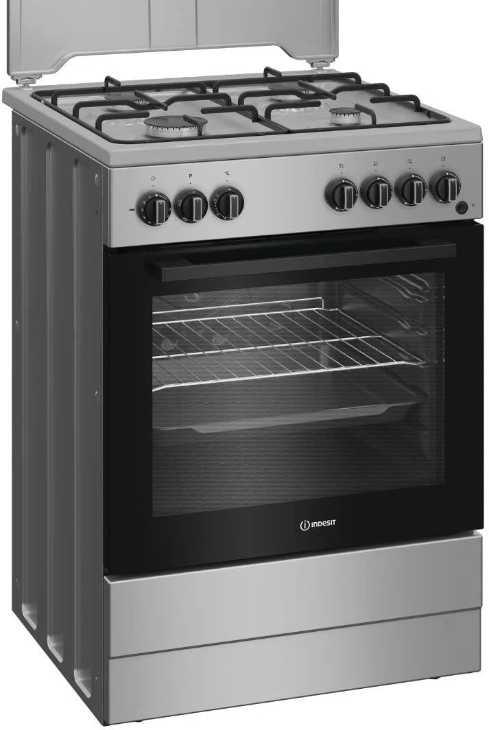 Indesit I6G3PMS gasfornuis, 60 cm, 4 branders, elektrische oven met grill, 73 liter, timer, kleur roestvrij staal, energieklasse A