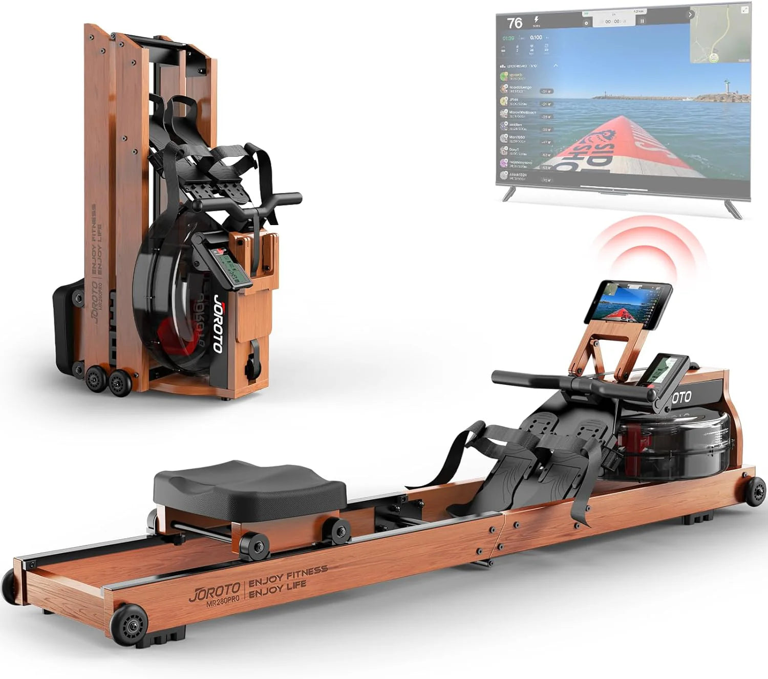 JOROTO roeimachine voor thuis van eikenhout, waterroeiapparaat opvouwbaar met Bluetooth-display  30 dagen gratis Kinomap-lidmaatschap，Roeimachine met verstelbare tablethouder 150kg draagvermogen(MR280PRO-Eiken Bruin)