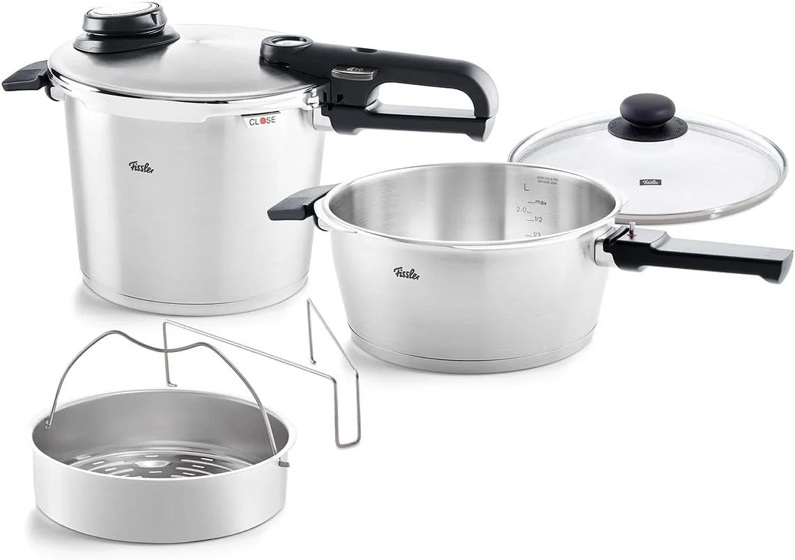 Fissler Vitavit Premium Set met snelkookpan, 5-delig (6 l - Ø 22 cm en snelkookpan 3,5 l - Ø 22 cm) met metalen deksel, glazen deksel, geperforeerde mand - geschikt voor inductie