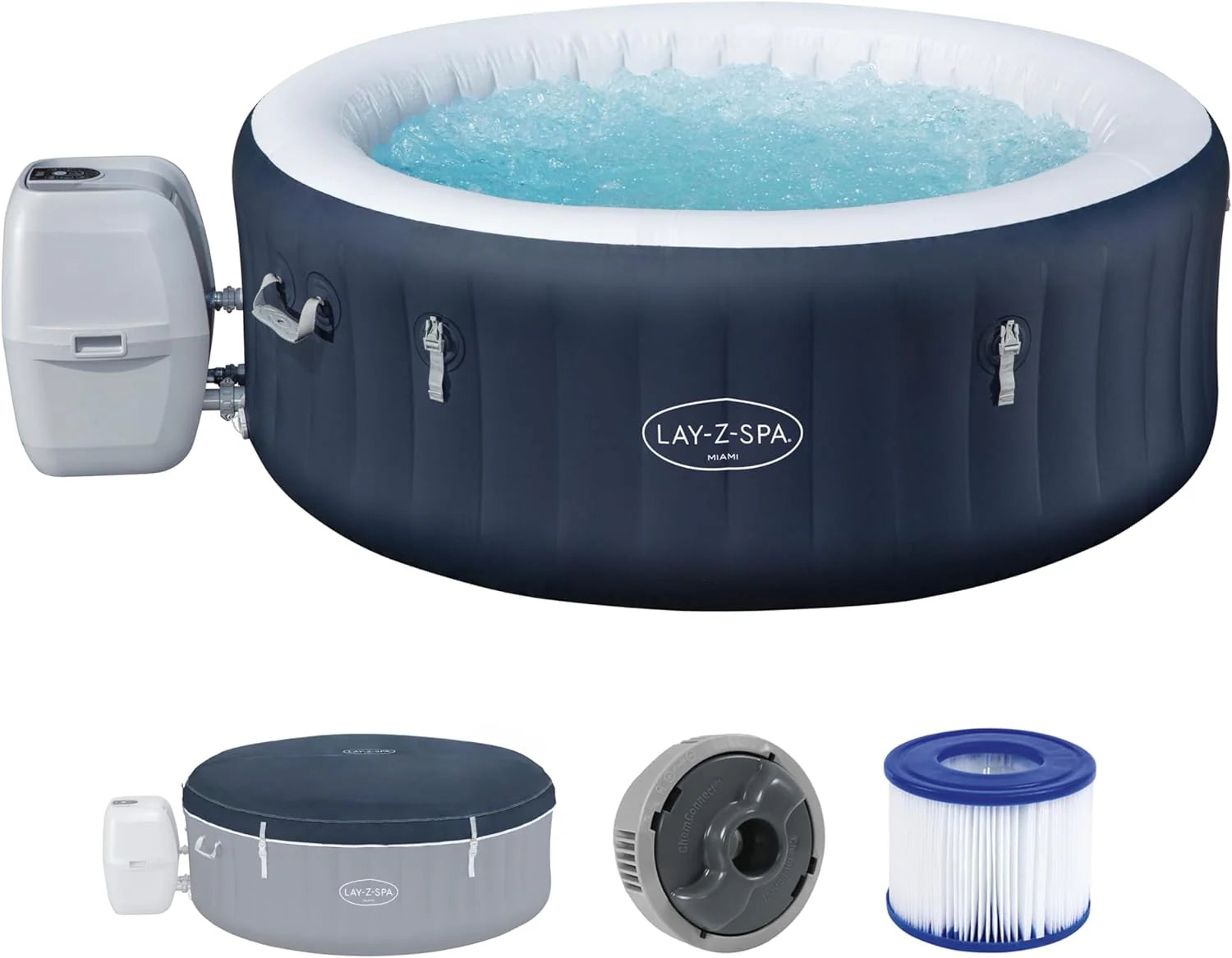 Bestway Lay-Z-SPA Miami AirJet, energiebesparende whirlpool, Ø 180 x 66 cm, 4 personen, verwarming, vorstbeveiliging, 120 AirJet-sproeiers, energiebesparende isolatie, thermische afdekking,