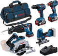 Bosch Professional combiset GSR 18V-55 + GST 18V-125 S + GKS 18V-57-2 + GSA 18V-28 + GDX 18V-200 (incl. 3 x 4,0Ah-accu, oplader GAL 18V-40, in grote gereedschapstas)