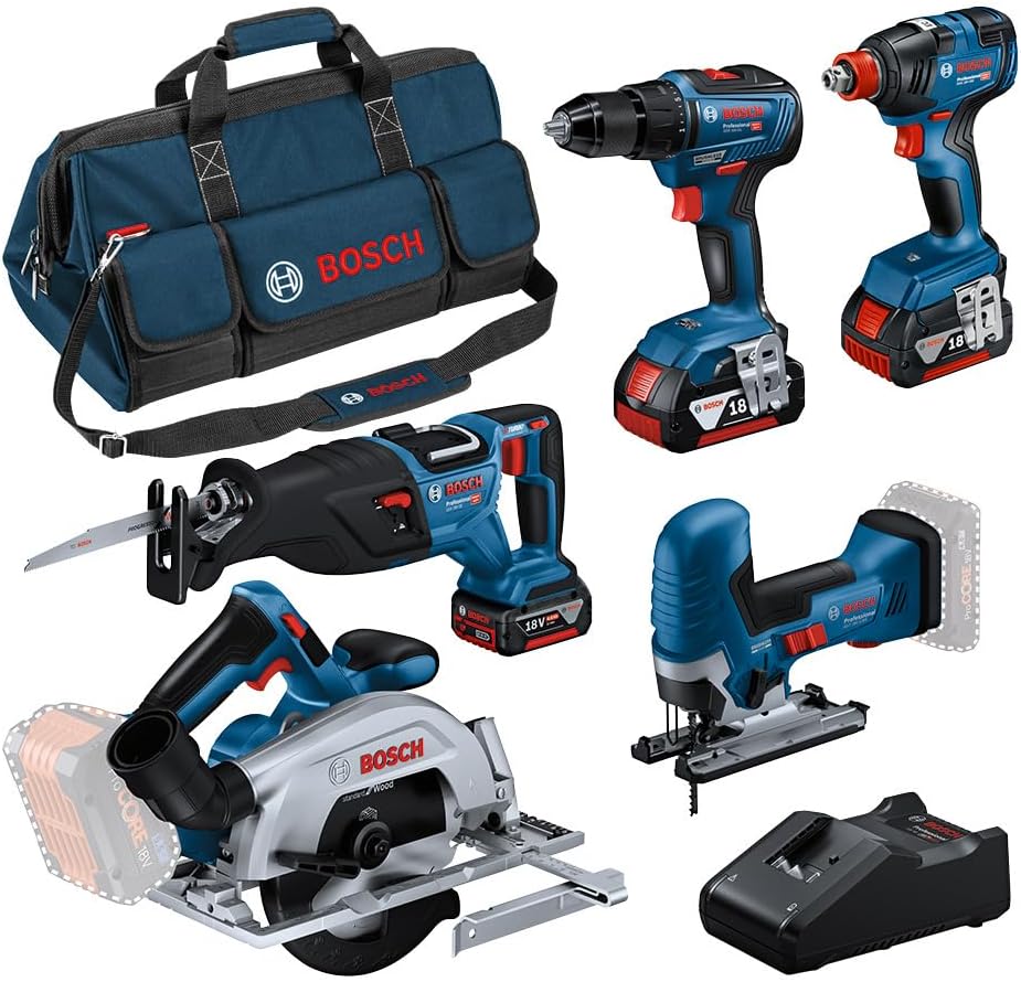 Bosch Professional combiset GSR 18V-55 + GST 18V-125 S + GKS 18V-57-2 + GSA 18V-28 + GDX 18V-200 (incl. 3 x 4,0Ah-accu, oplader GAL 18V-40, in grote gereedschapstas)
