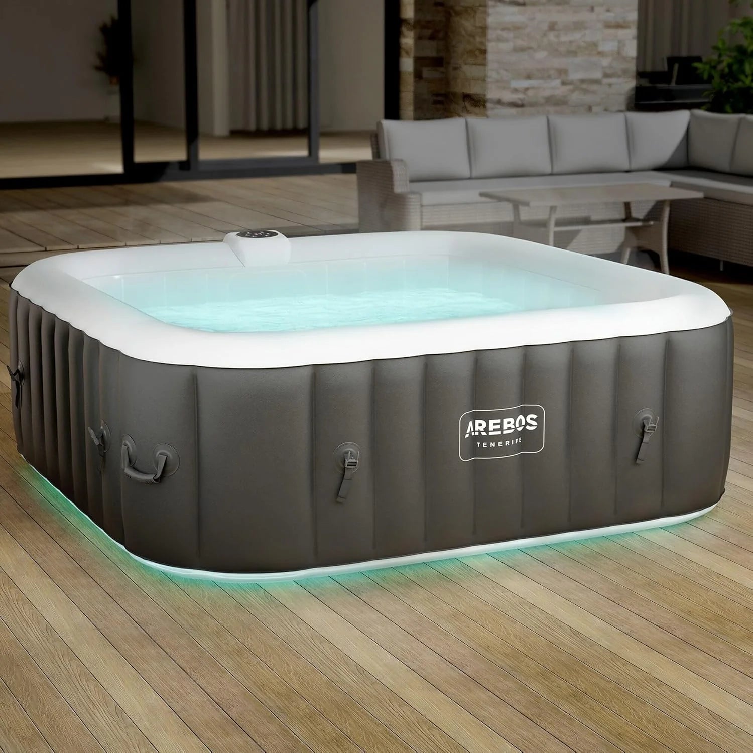 Arebos Opblaasbaar - met LED Verlichting - Hottub voor Innen en Buiten - Opblaasbaar 6 Persoons - 130 Luchtstralen - 208 cm - 1000L - Opblaasbaar Bubbelbad Massage(extra large)
