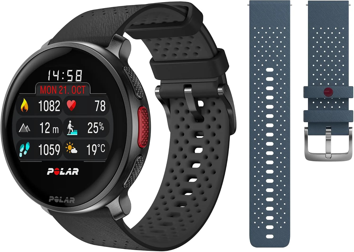 Polar Vantage V3, sporthorloge met gps, gevanceerde hartslagmeter en verlengde batterijduur, smartwatch voor heren en dames, offline kaarten, hardloophorloge, triathlon horloge(Horloge  extra polsband/S-L/Zwart/Blauw - Exclusieve Bundel Amazon)