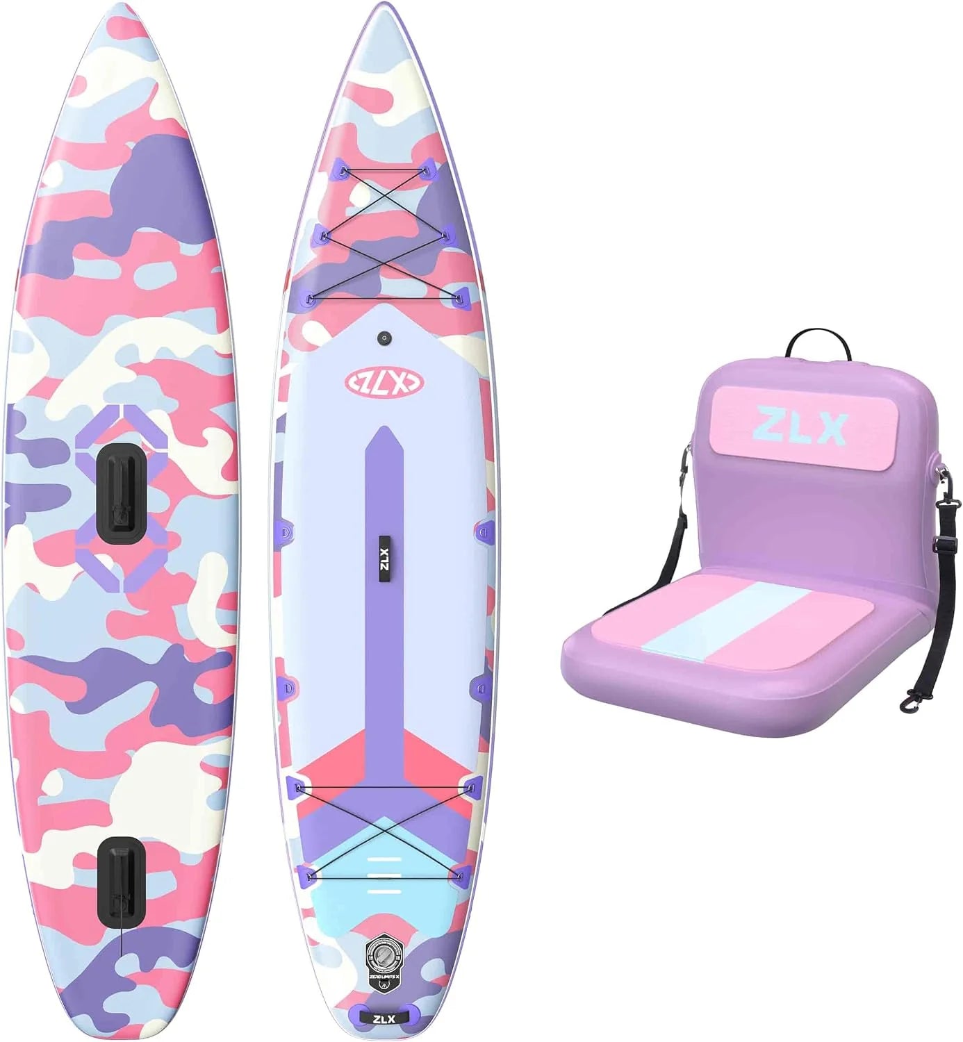 ZLX Opblaasbaar SUP-board 350 cm met zitting, beginnersvriendelijk voor gezinnen, antislip dek, 3-laags militair pvc, stabiel voor meren/rivieren/tandempeddelen(lichtpaarse camouflage)