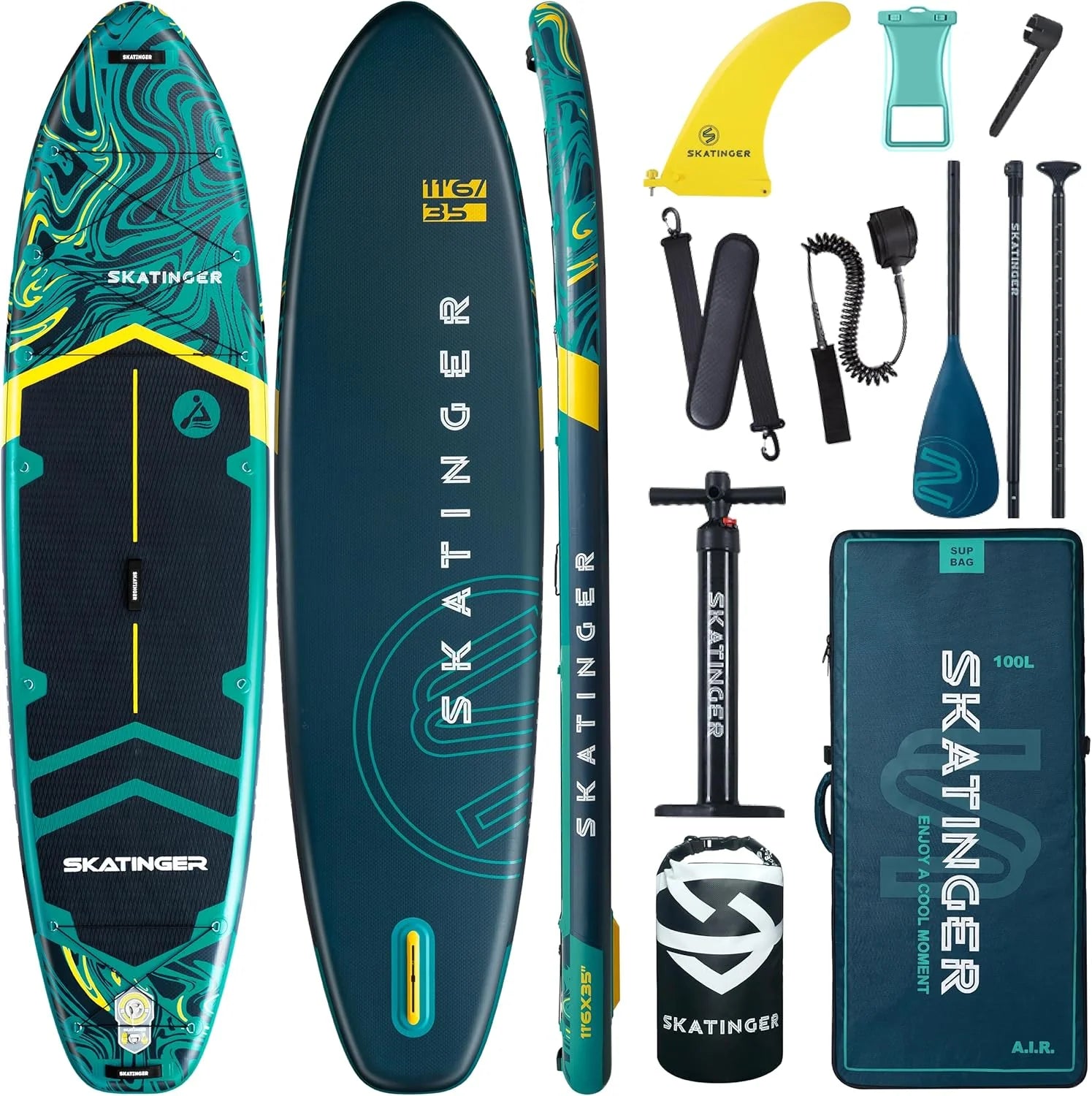 Skatinger Opblaasbare Stand Up Paddle Boards, 34'x34"x6" SUP Paddleboard opblaasbaar, Yoga Stand Up Paddle Board w/1600D rugzak, 6 extra D-ringen, schouderriem, Amerikaanse centrale vin, 2-actie pomp(Lavagroen)