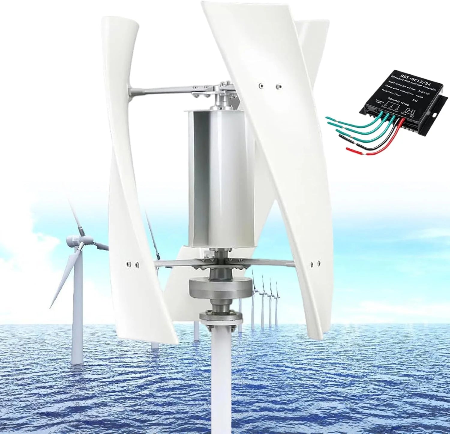 14000W Windturbinegenerator, Verticale Windturbine, 3 Bladen Geluidsarm 12V/24V/48V/110V/220V Generator Windmolen Genereer Turbine Complete Set voor Gezinnen,met Controller,White-220V(24V/Wit)